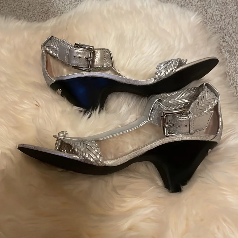 Michael Kors Silver Leather Heeled Sandals w/ Ankle Straps